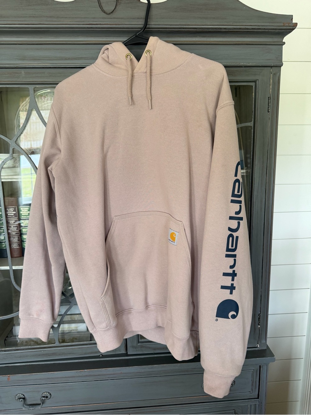 Carhartt Pullover Hoodie in Dusty Pink with Navy Sleeve Logo